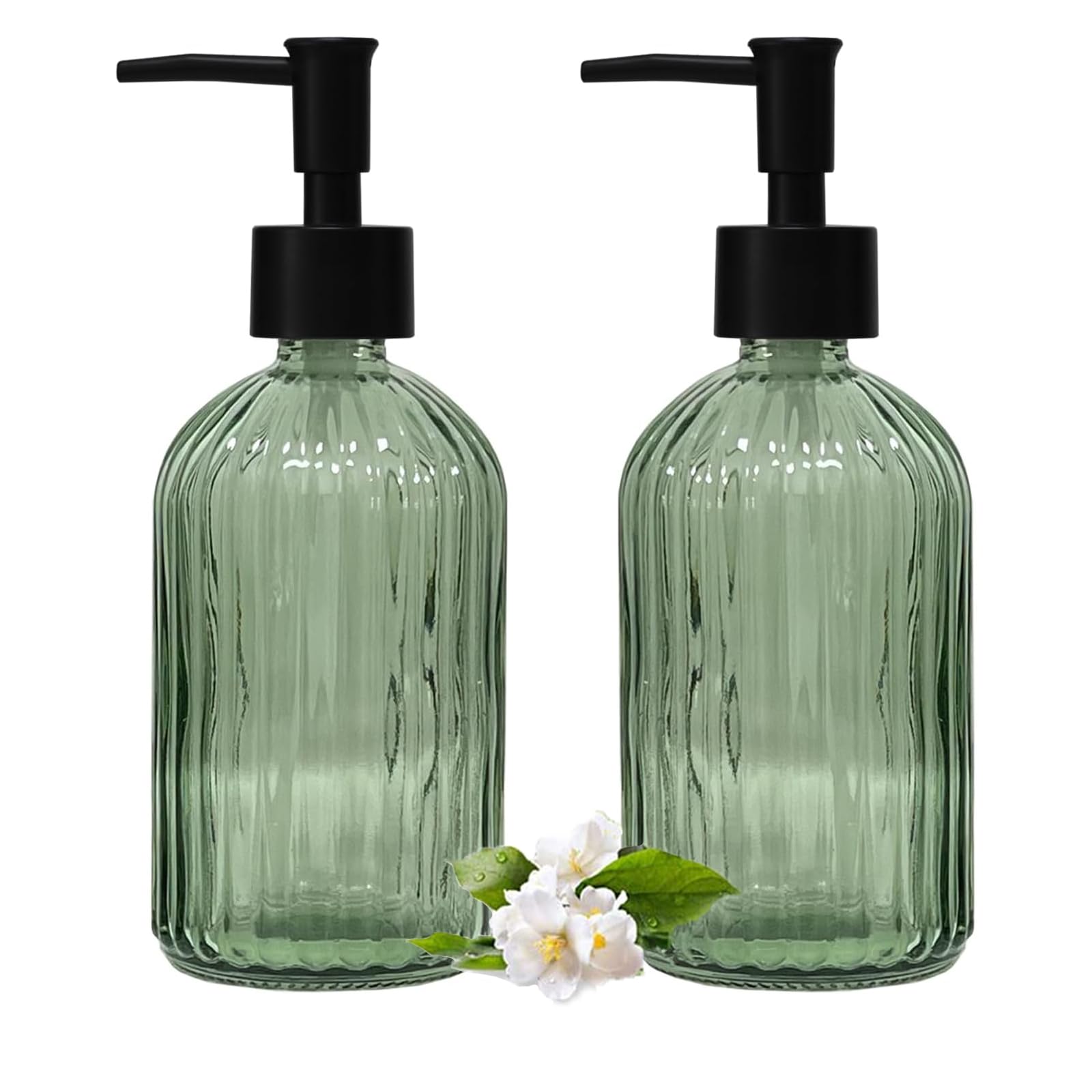 Striped Hand Soap Dispenser, 13.5oz Green Glass Soap Dispenser with Black Plastic Pump, Elegant Refillable Countertop Hand Liquid Dispenser for Kitchen, Bathroom, Dish Soap, Lotion (8 Pack)