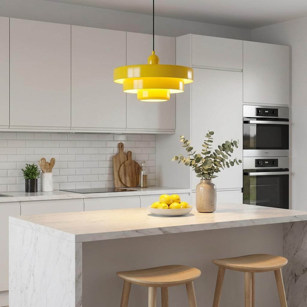 BARCELONA LED Pendelleuchte MACARRON Gelb 3-stufig, Metall Eisen, Bauhaus Minimalistisch, Indirekte Blendfreie Beleuchtung, Klassisch Vintage Modern & Zeitloser Luxus E27