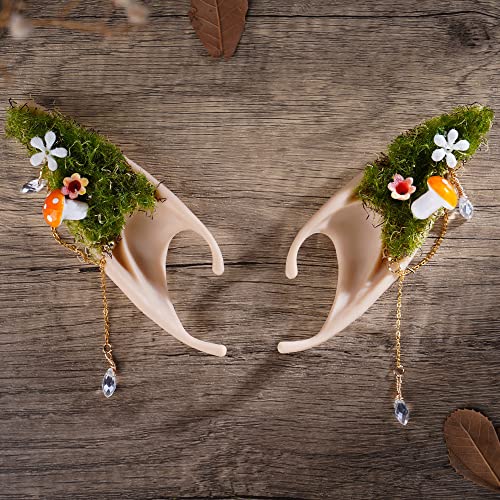Freshme Forest Fairy Elf Ear Cuffs - Soft Silicone Elf Ears Handcrafted With Moss Flower And Mushroom Non Pierced Woodland Earrings Teardrop Crystal Dangle Ear Clips Wraps Women Girls Cosplay Costume #TOP4