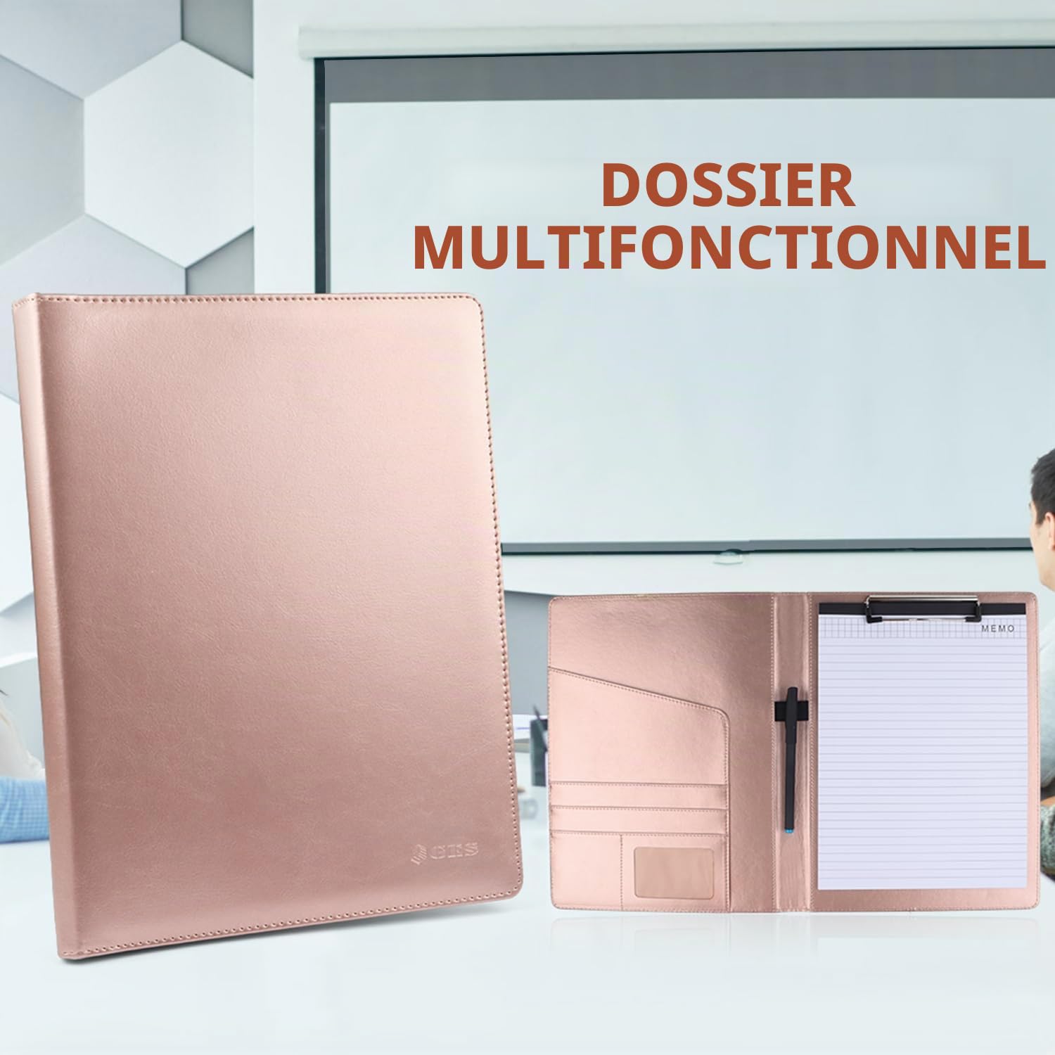 Porte-documents GES A4 en cuir avec pince-notes pour CV entreprise école bureau conférence (Or rose)