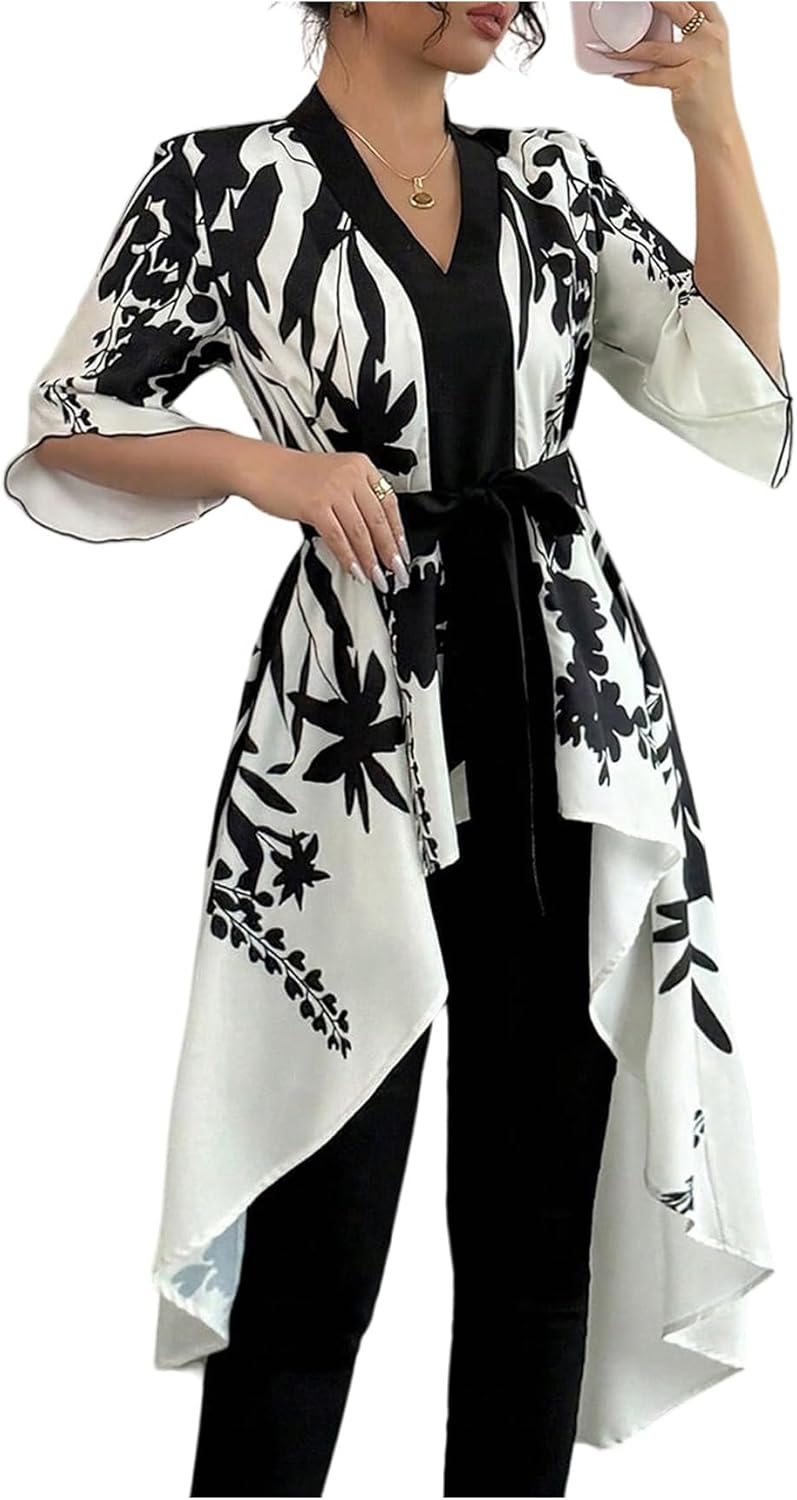 MakeMeChic Women's Floral Bell Sleeve Blouse V Neck High Low Tie Front Work Dressy Tops