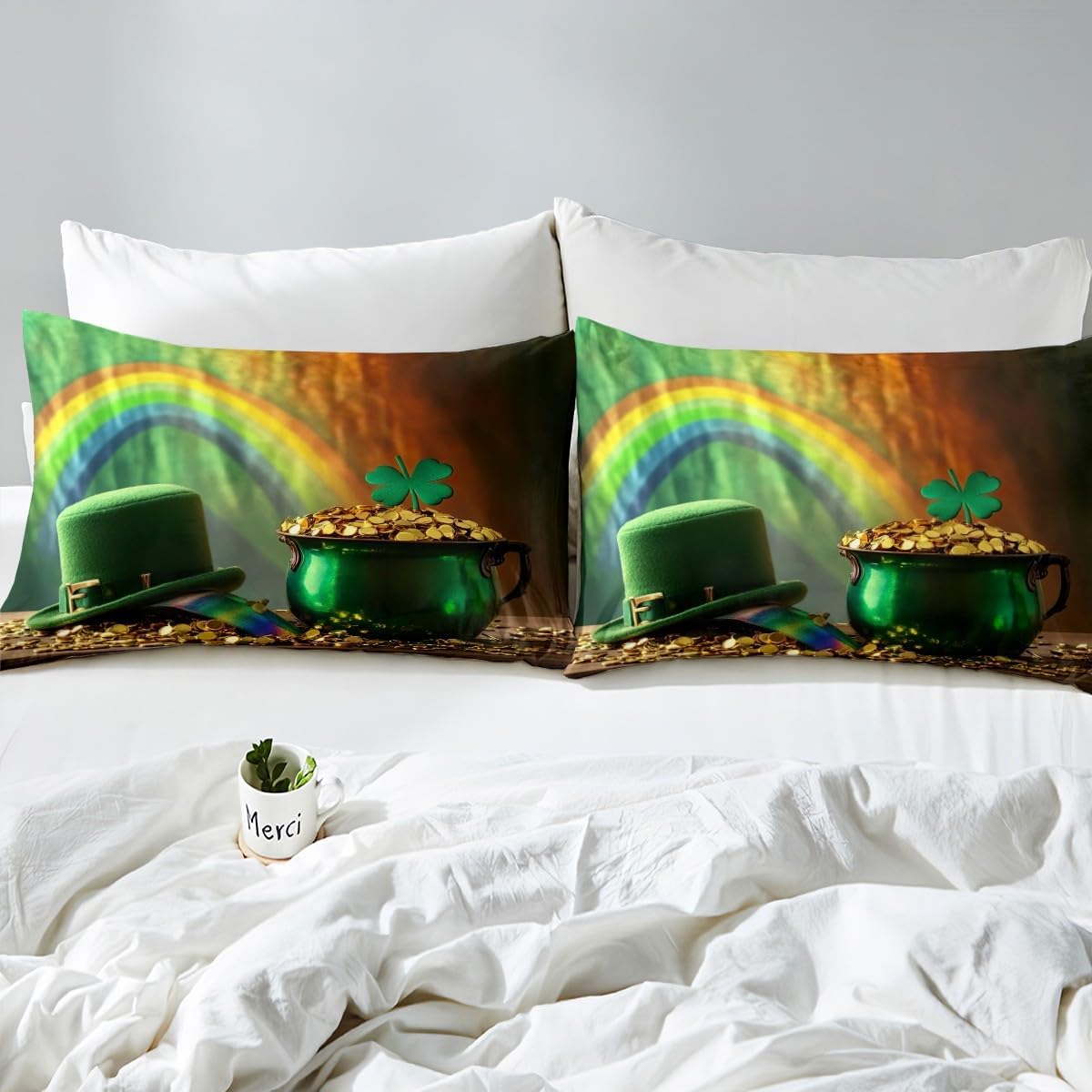 jejeloiu ST Patricks Day Bed Sheets Set for Kids Boys Girls Twin Size Gold Coin Pot Fitted Sheet Lucky Shamrocks Bedding Collection Green Hat Bedding Set Rainbow Pattern
