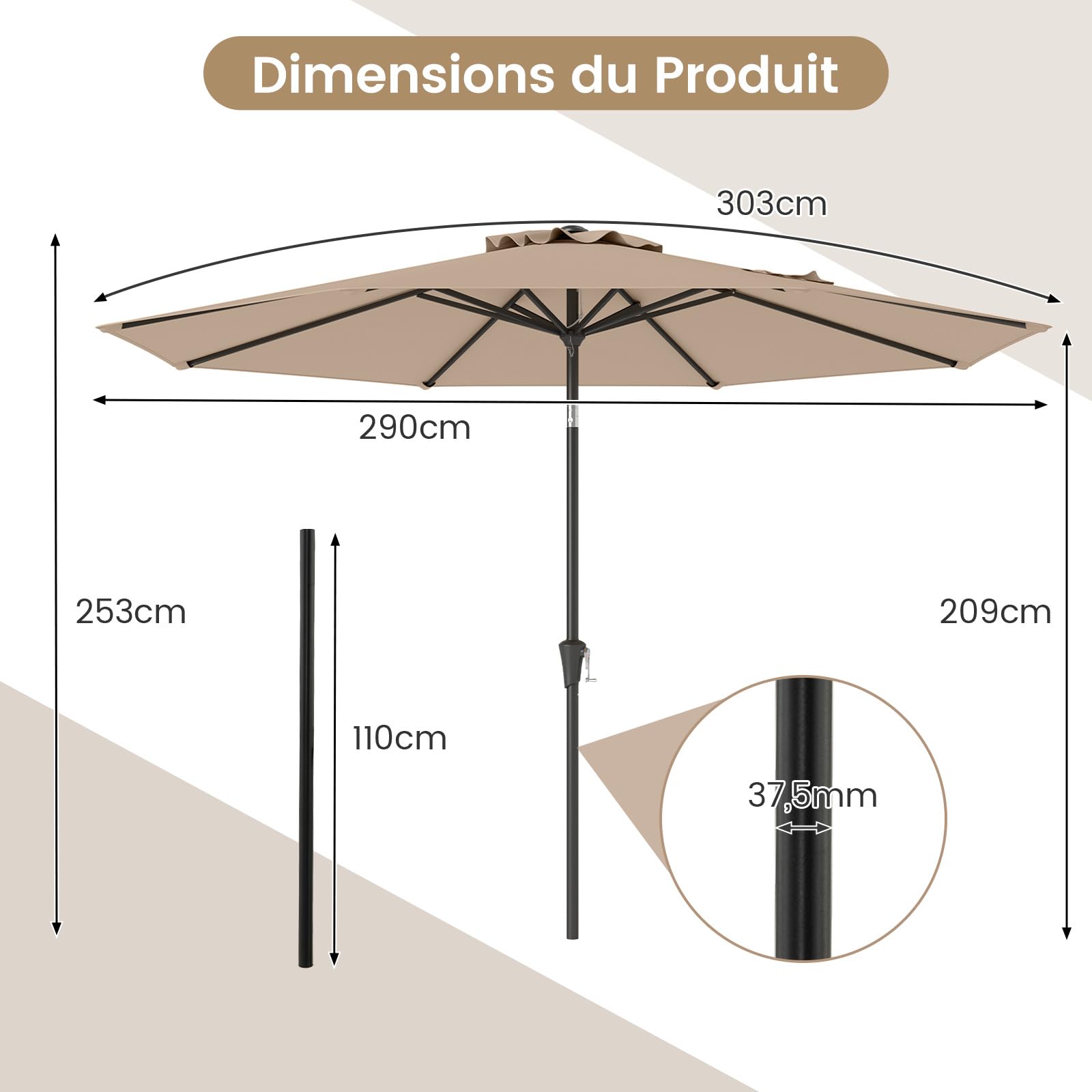 GOPLUS Parasol de Jardin Exterieur 3M, Grand Parasol Inclinable de 25° avec Manivelle, 8 Baleines Renforcés, Anti-UV, pour Terrasse Plage Balcon Patio, sans Base (Marron)