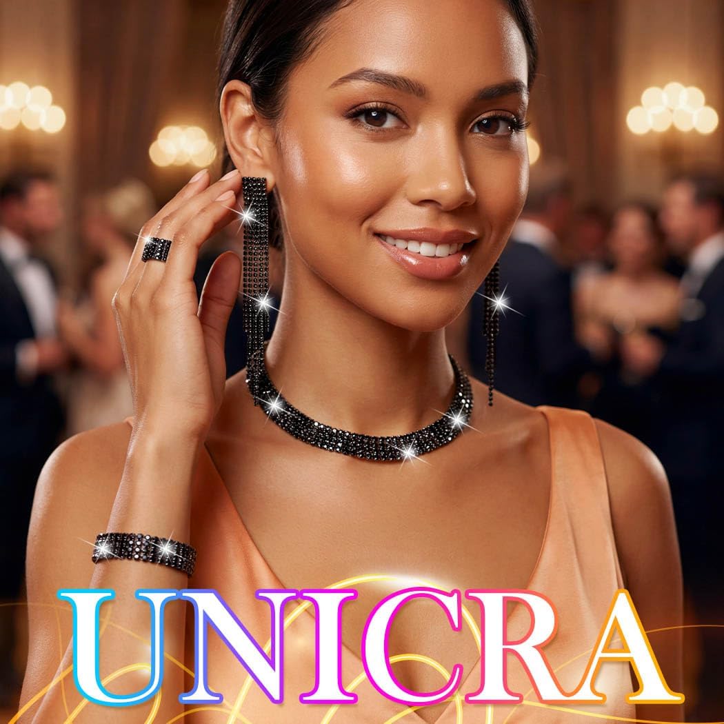 Unicra Rhinestone Bridal Wedding Jewelry Sets Silver Choker Necklace Earrings Bracelet Ring Set Prom Formal Costume Jewelry Set for Women and Brides - Image 6