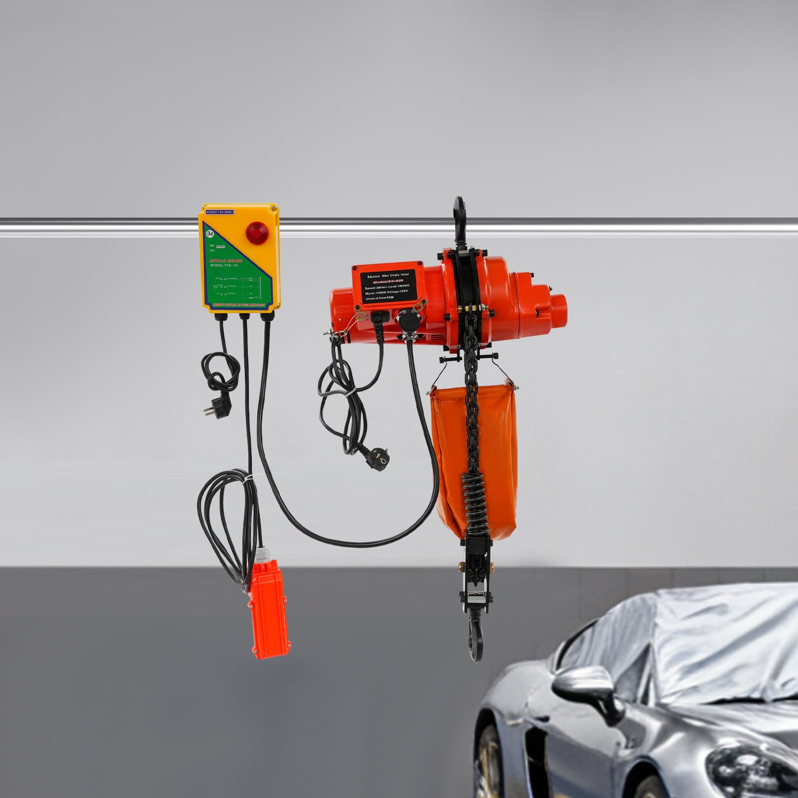 Elektrischer Kettenzug 1000kg, Hebezug mit Fernbedienung, 1300W, 6m Hubhöhe, 100m Kabellose und 4,5m Kabelgebundene Fernbedienung, Elektrische Seilwinde für Fabrik, Lager, Werkstatt (Rot+Orange)