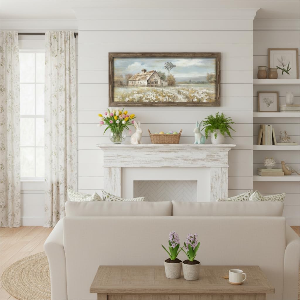 Farmhouse Wall Art Wood Decor: Large Framed Barn Windmill Picture Rustic Country Farm Print Artwork Rural Countryside Landscape Painting for Home Bedroom Decorations