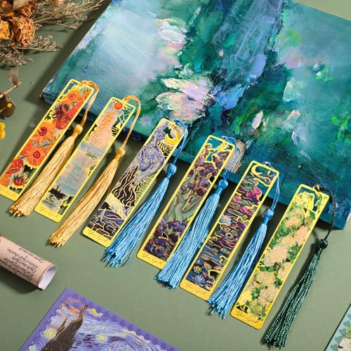 6 marcapáginas de metal con borla, marcapáginas vintage con temática de pintura al óleo de Van Gogh, marcadores huecos dorados para mujeres, marcadores estéticos elegantes para leer mujeres, amantes