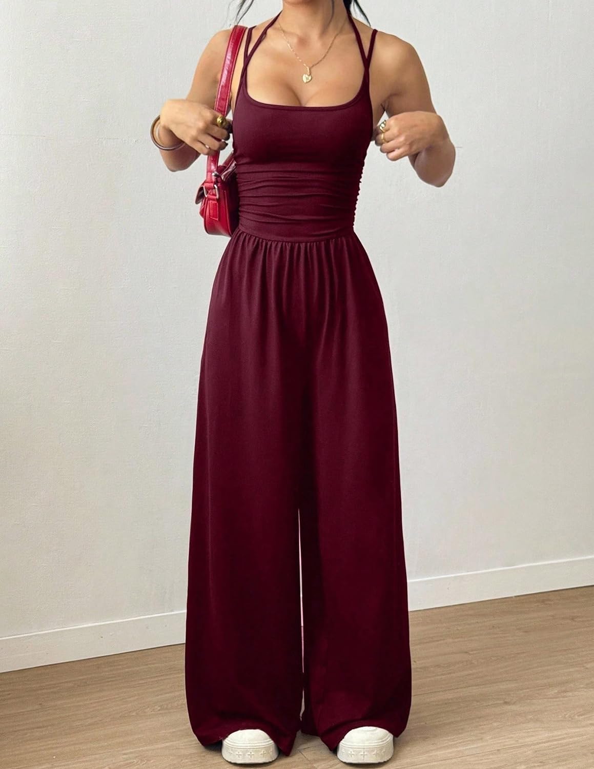 LIAMERHE Mono Largo Mujer Verano Elegante Sexy Cuello Halter Espalda Descubierta Pantalón de Pata Ancha Cintura Alta Casual Jumpsuit para Fiesta Boda Playa Overalls Moda Playsuit