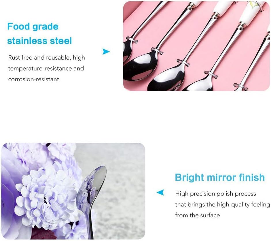 Silverware Flatware Set, 6Pcs Household Spoon Stainless Steel Tableware Spoon Ceramic Handle Dessert Spoon Gift Set Tea Spoon