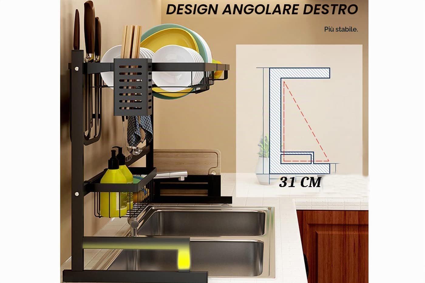 YASTA Scolapiatti da Appoggio Gocciolatoio Nero per Lavello Griglia Porta Utensili da Cucina Organizer Salvaspazio