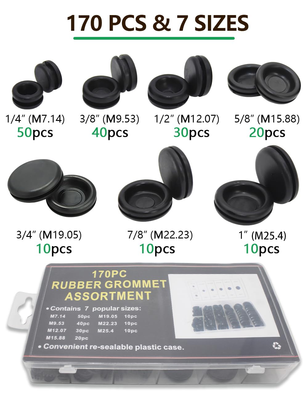 170 Pcs Rubber Grommets - Cable Hole Plugs -2