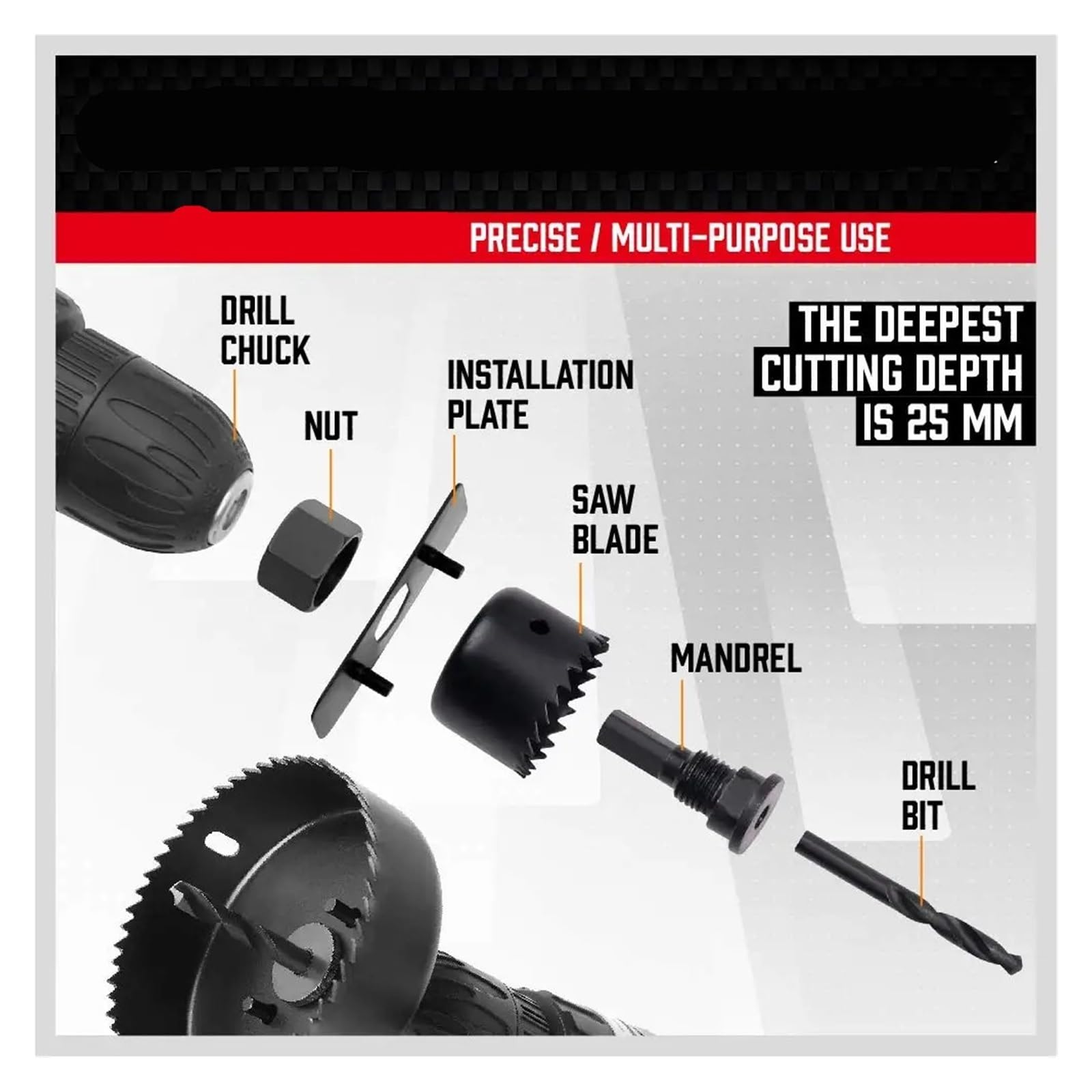Juego De Sierras De Corona De 19 Piezas Con Mandriles De 19-152 Mm (3/4"-6") Y Llave Hexagonal. Incluye Estuche De Almacenamiento. Ideal For Madera Blanda Y Tableros De PVC.