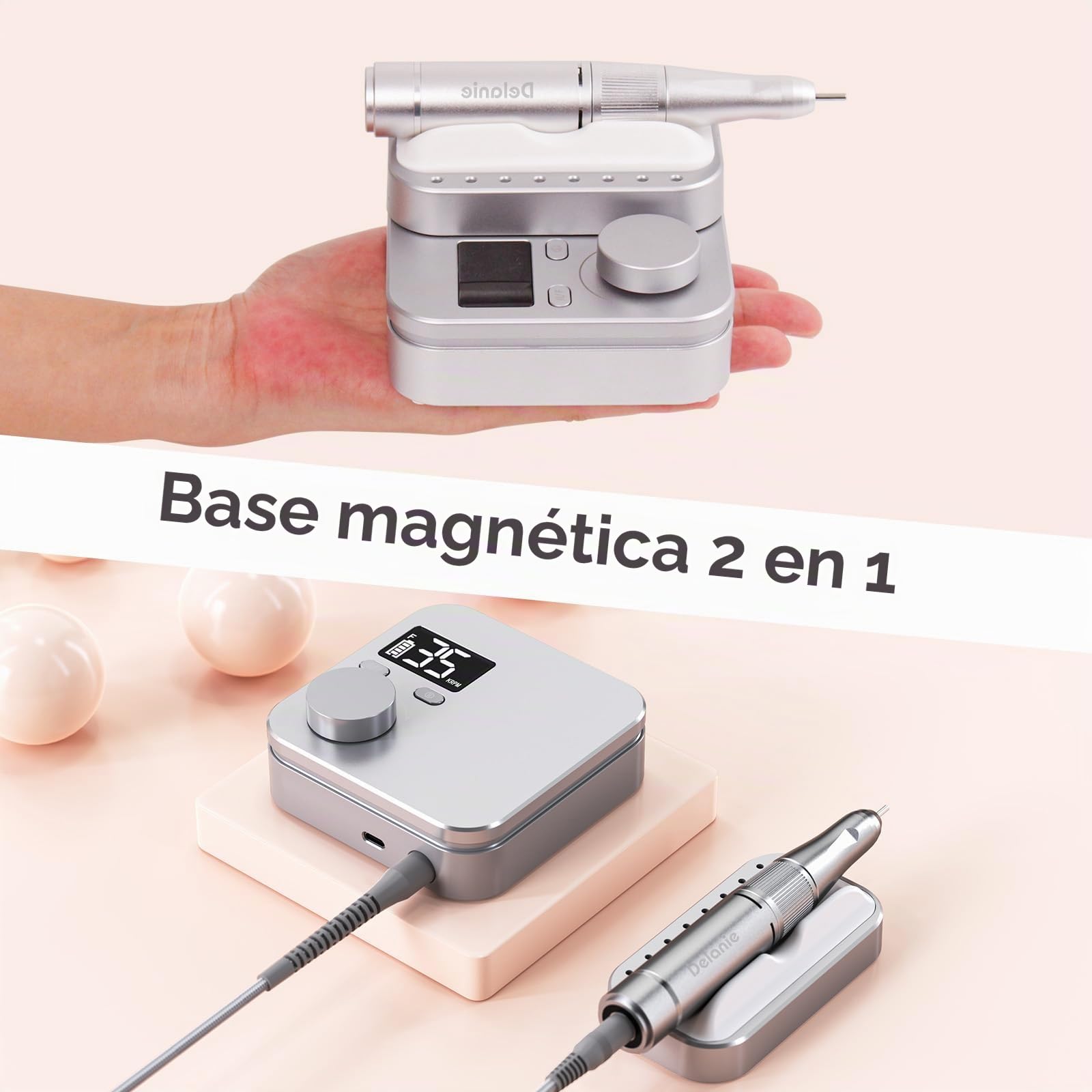 Delanie torno para uñas inalámbrica profesional 35000 RPM, lima de uñas eléctrica recargable con pausa bonton para manicura y pedicura | Manicura de uñas acrílicas con 7 brocas para uso doméstico y salón recargable