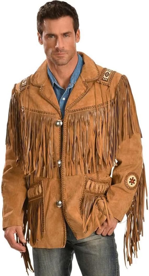 Men's Leather Mountain Man Jacket, Native American Style, Beaded Buckskin Warshirt with Fringe