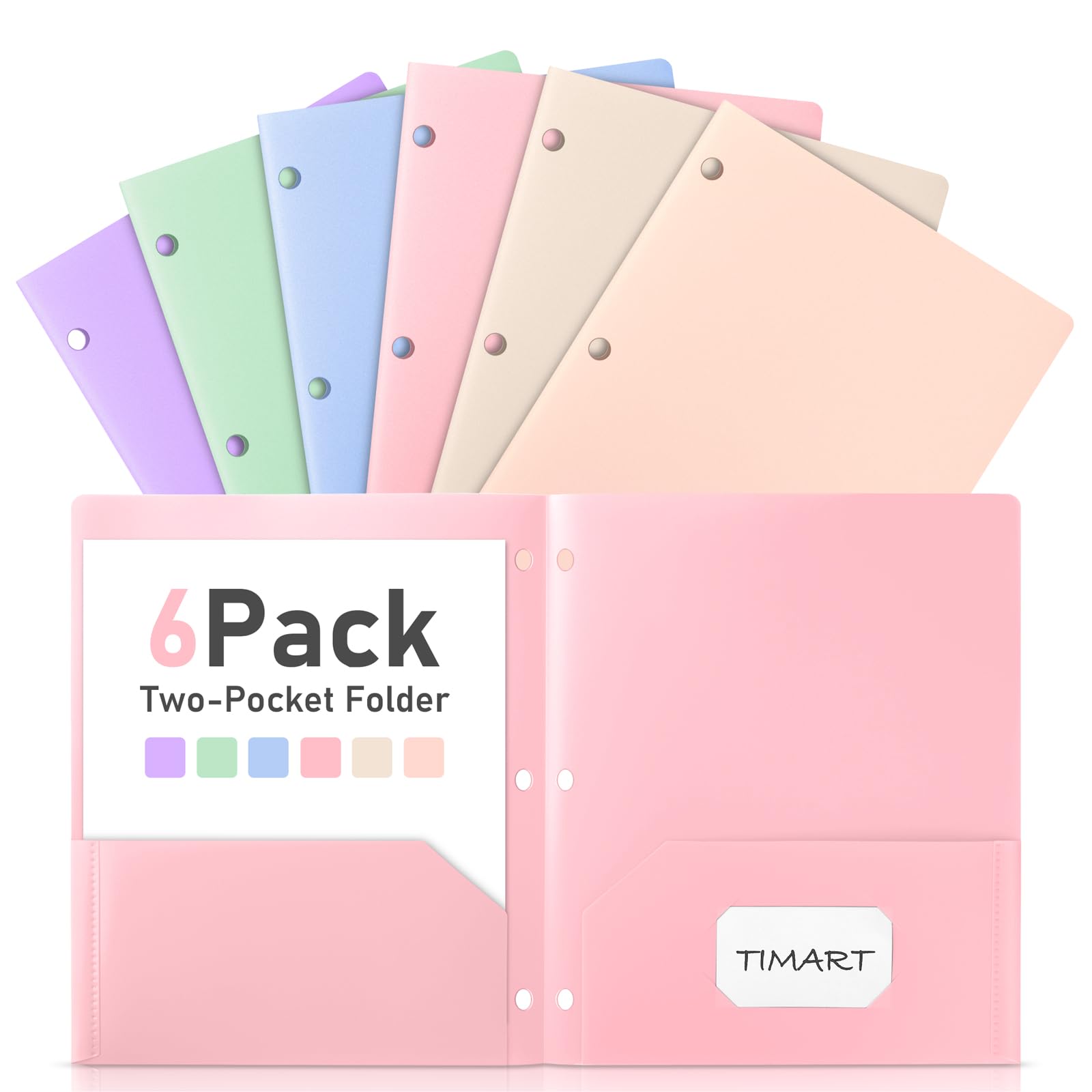Timart Folders with Pockets 3 Hole Punched-6 Pack, 2 Pocket Heavy Duty Plastic Pocket Folders for 3 Ring Binder, Fit Letter Size File Folder for