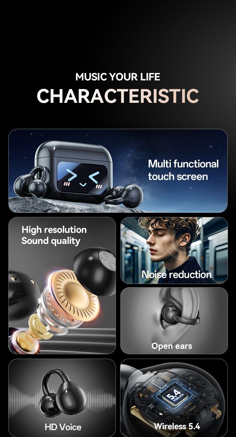 Auriculares inalámbricos de oído abierto con sonido HiFi y pantalla LED para Android y dispositivos, ajuste ligero y cómodo para juegos, música y llamadas (traducción en negro)
