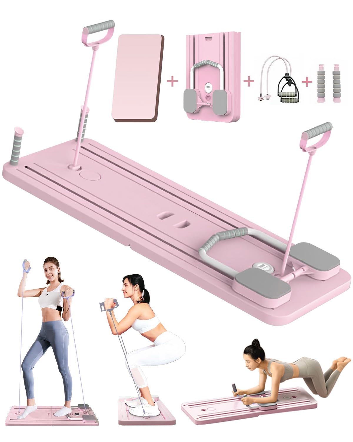 Planche Pilates Multifonction Pliable avec Rouleau Abdominal avec Support de coude,Support de Machine d'exercice Abdominal,Rebond Automatique et Corde de Tension pour Salle de Sport à Domicile