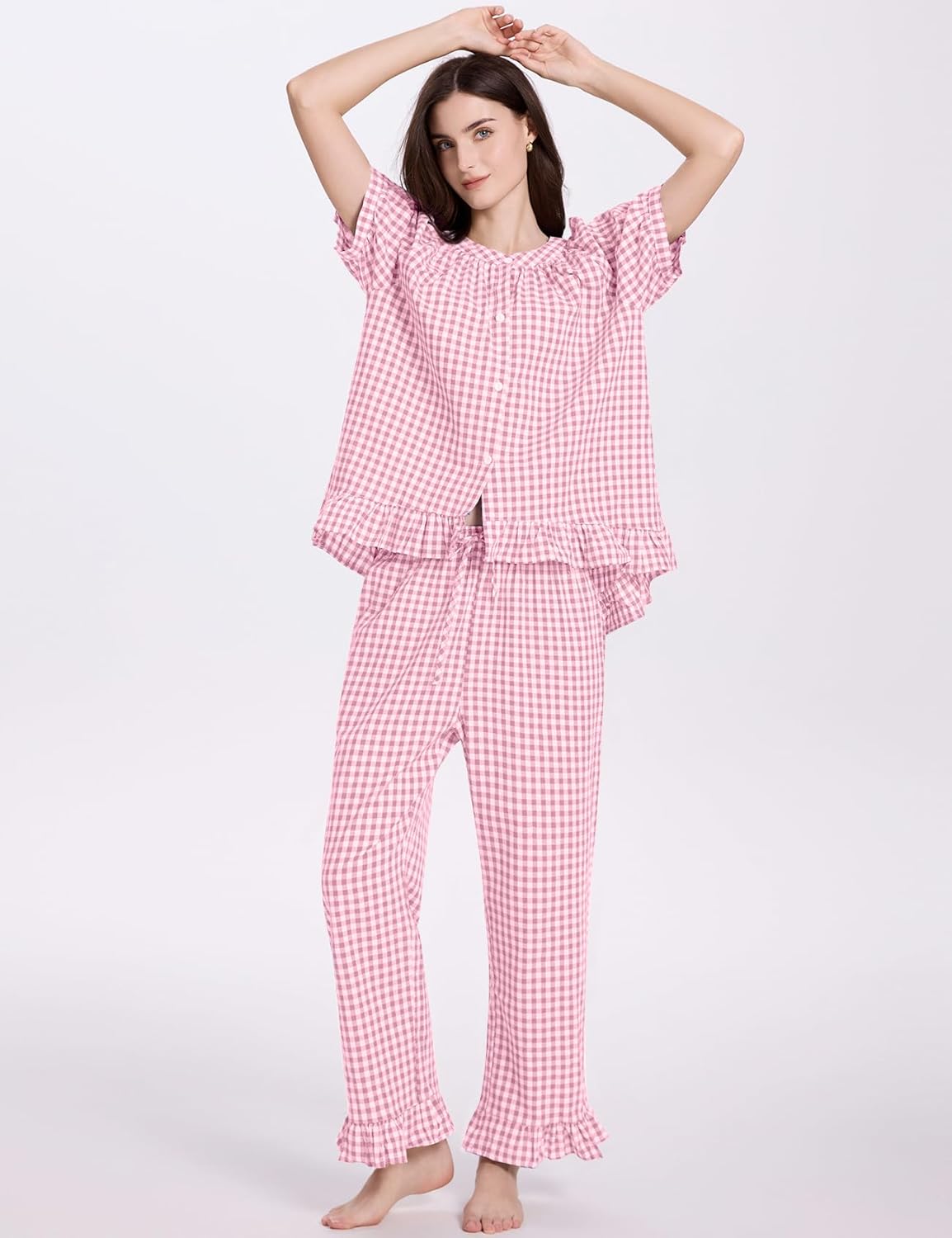 COZYPOIN Womens Gingham Pajama Set 2 Piece Plaid Cotton Pjs Cute Ruffle Sleepwear Maternity Bridesmaid Pajamas Loungewear - Image 2