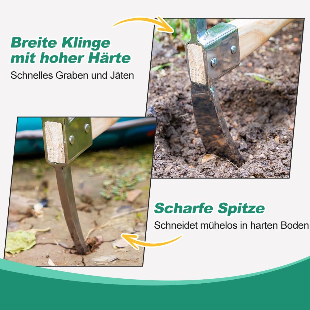 Berry&Bird Gartenhacke Pickel Hoe, Edelstahl-Spitzhacke, Hacke mit Holzgriff, Robustes Handhacke zum Umpflanzen, Graben, Pflanzen, Auflockern von Erde, Spitzhacken für Gartenarbeit, Camping