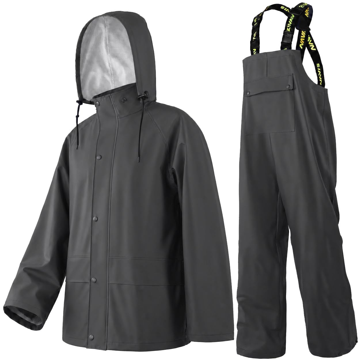 Men’s Workwear 3-Piece Waterproof PU Rain Suit Set | Hooded Jacket &amp; Bib Pants, Sealed Seams, Storm Flap, Adjustable Suspenders, Flap Pockets, Outdoor Work, Fishing, Farming