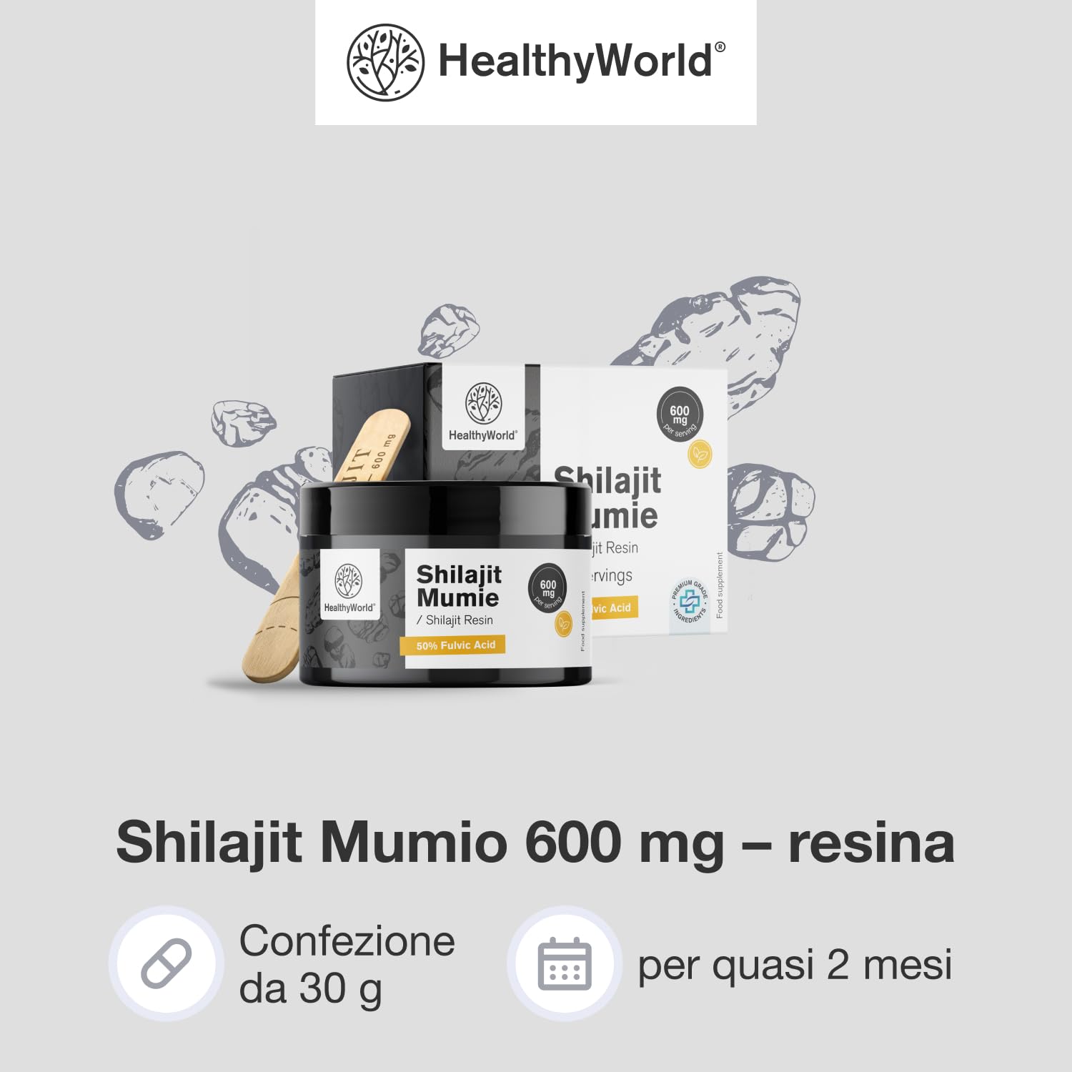 HealthyWorld Shilajit Mumio 600 mg – Resina ayurvedica - 50% di acidi fulvici – 50 dosi – Senza additivi – Dosatore incluso – Supporto alla vitalità - Aumento dell'energia
