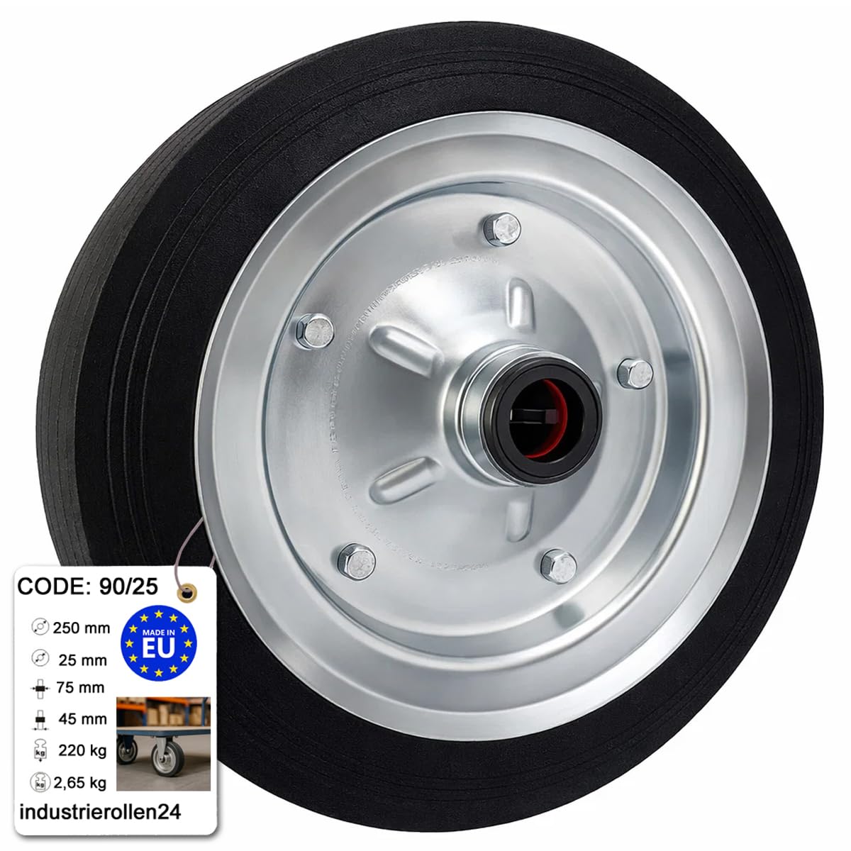 Ersatzrad Ø250 mm – Schwarzes Industrierad mit Vollgummireifen, Bohrung 25 mm – Robustes Rad für Transportwagen Modell (90/25)