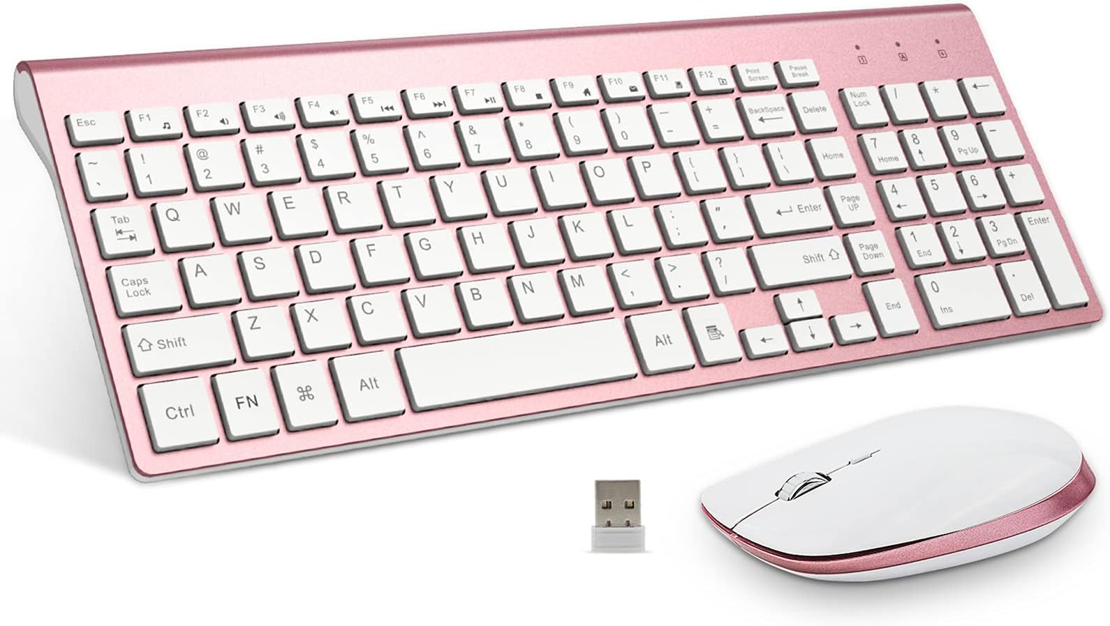 FENIFOX Keyboard and Mouse Wireless, USB 2.4GHz Combo Silent Quiet Low Profile Compact Full Size Flat Slim Thin Portable with Number Pad Soft Cover for PC Laptop Computer Office - Pink & Rose Gold