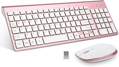 FENIFOX Keyboard and Mouse Wireless, USB 2.4GHz Combo Silent Quiet Low Profile Compact Full Size Flat Slim Thin Portable with Number Pad Soft Cover for PC Laptop Computer Office - Pink & Rose Gold