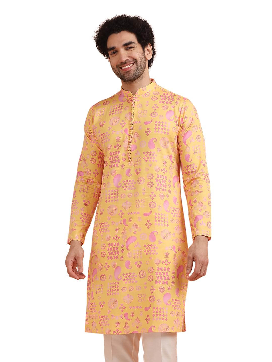 Kisah Men's Kurta, Yellow Blended, Paisley Regular Fit Mandarin Collar Long Sleeves (L)