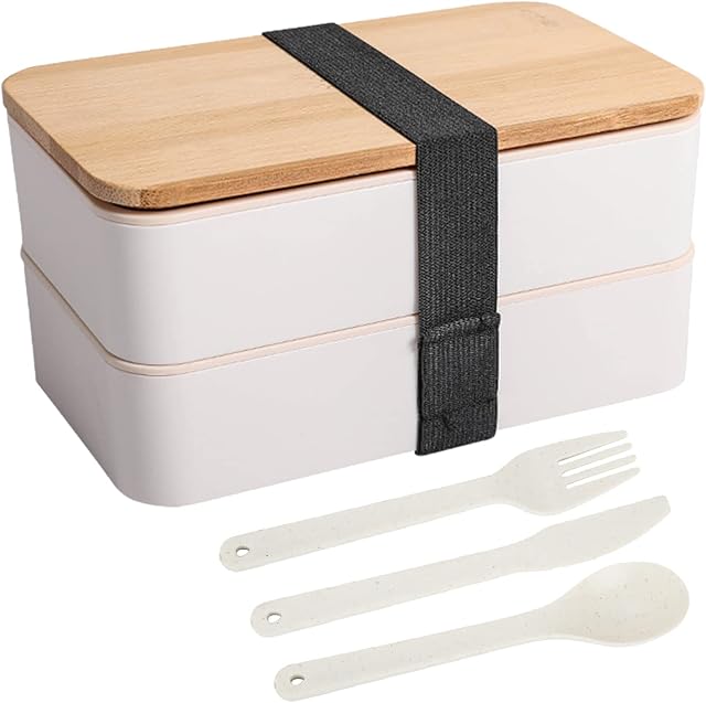 Gukasxi 1200ml Bento Box, Japanese Style Lunch Box with Knive Fork and Spoon, Leak-proof Lunch Container with Compartments, Microwaveable Safe, Ideal for Work, School or Travelling (White)