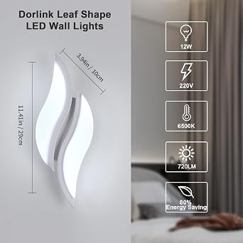 Dorlink Wall Lights LED Indoor,12W 1080LM Wall Lamp Modern, Cool White 6500K, White Acrylic Leaf Shaped Wall Sconce Lights for Living Room, Bedrooms, Hallway, Stair, Corridor [Energy Class E]