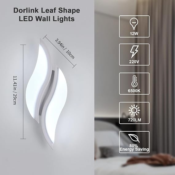Dorlink Wall Lights LED Indoor,12W 1080LM Wall Lamp Modern, Cool White 6500K, White Acrylic Leaf Shaped Wall Sconce Lights for Living Room, Bedrooms, Hallway, Stair, Corridor [Energy Class E]