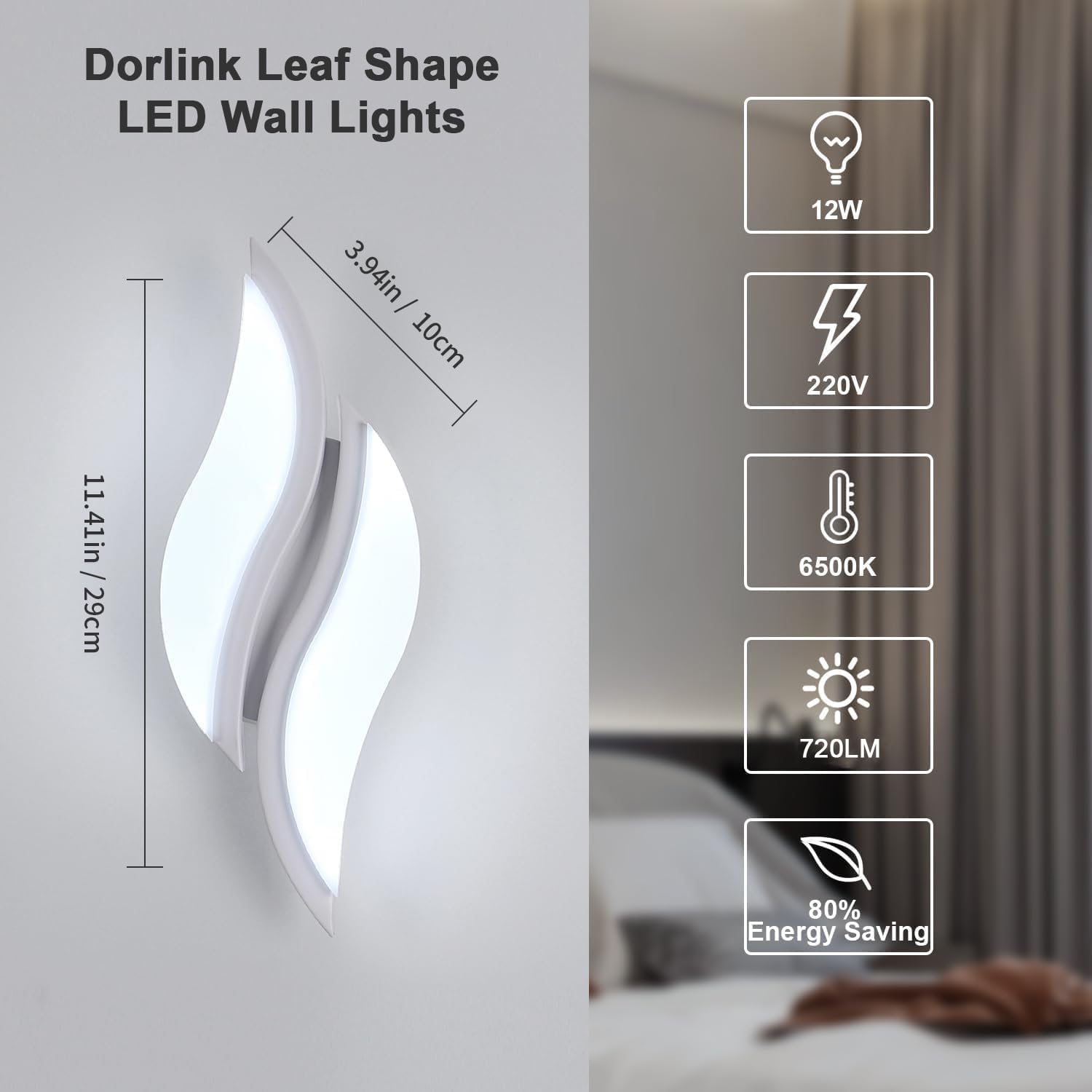 Dorlink Applique da Parete Interno, Lampada da Parete, Applique Camera da Letto Moderno, Creativo Lampada a Muro LED, 6500K Bianca Fredda, Appliques Foglia per Corridoio, Soggiorno, Scala, Bagno 12W