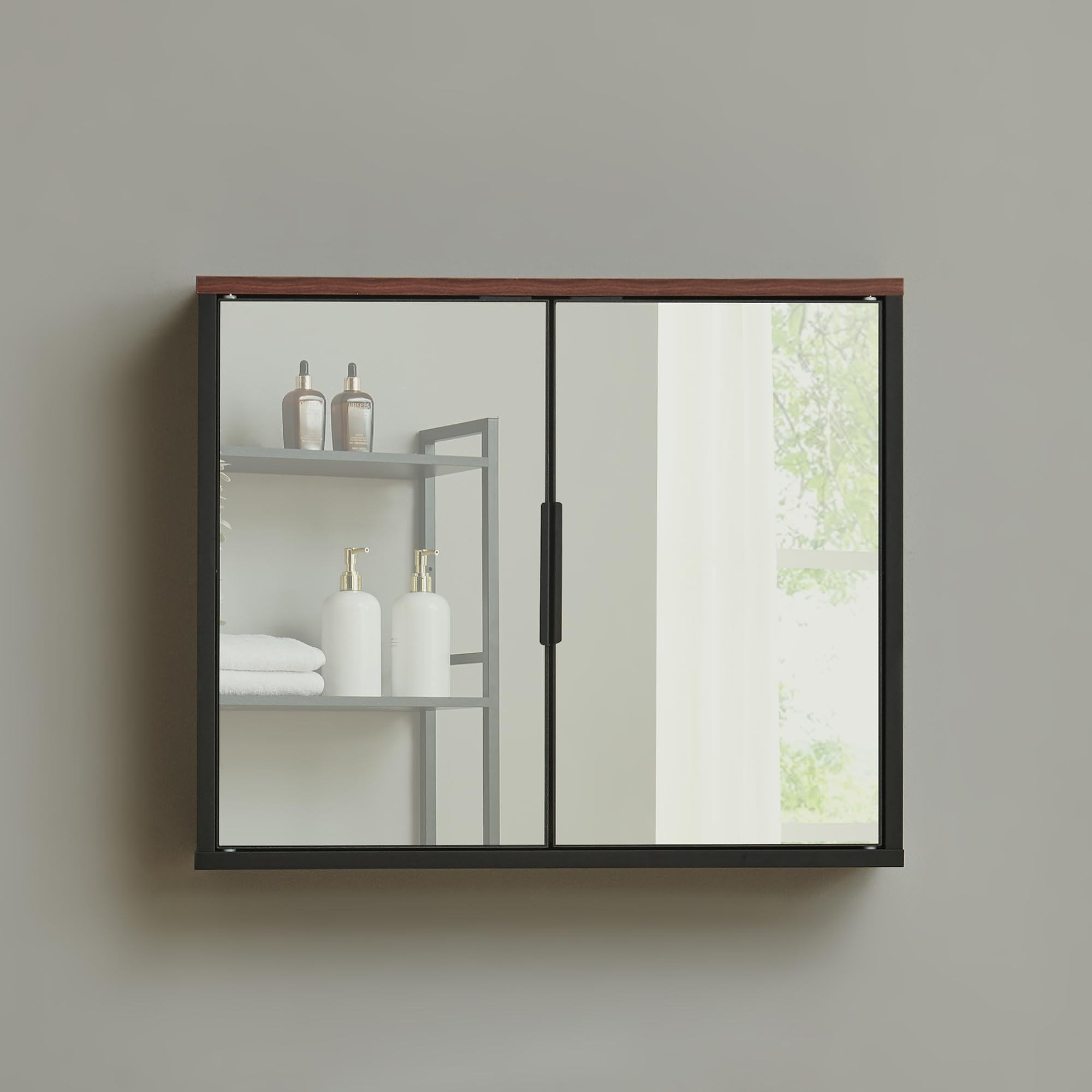 [en.casa] Spiegelschrank Bad Trond Hängeschrank Badspiegelschrank mit 2 Türen Badezimmerschrank hängend 50 x 60 x 15 cm Badschrank mit Spiegel Schwarz/Walnussoptik