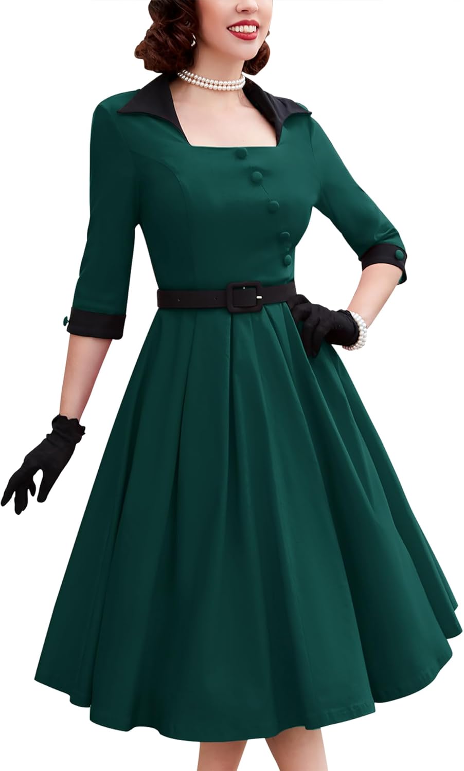 MUXXN Women's 50s Retro Casual Swing Midi Dress 3/4 Sleeve Square A Line Neck Vintage Cocktail Wedding Guest Bodycon Prom