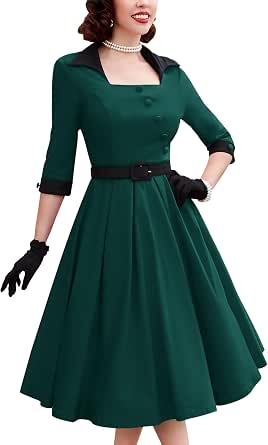 MUXXN Women's 50s Retro Casual Swing Midi Dress with 3/4 Sleeves and Square Neck