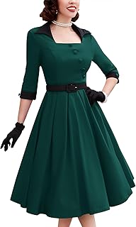 Women's 50s Retro Casual Swing Midi Dress 3/4 Sleeve Square A Line Neck ...