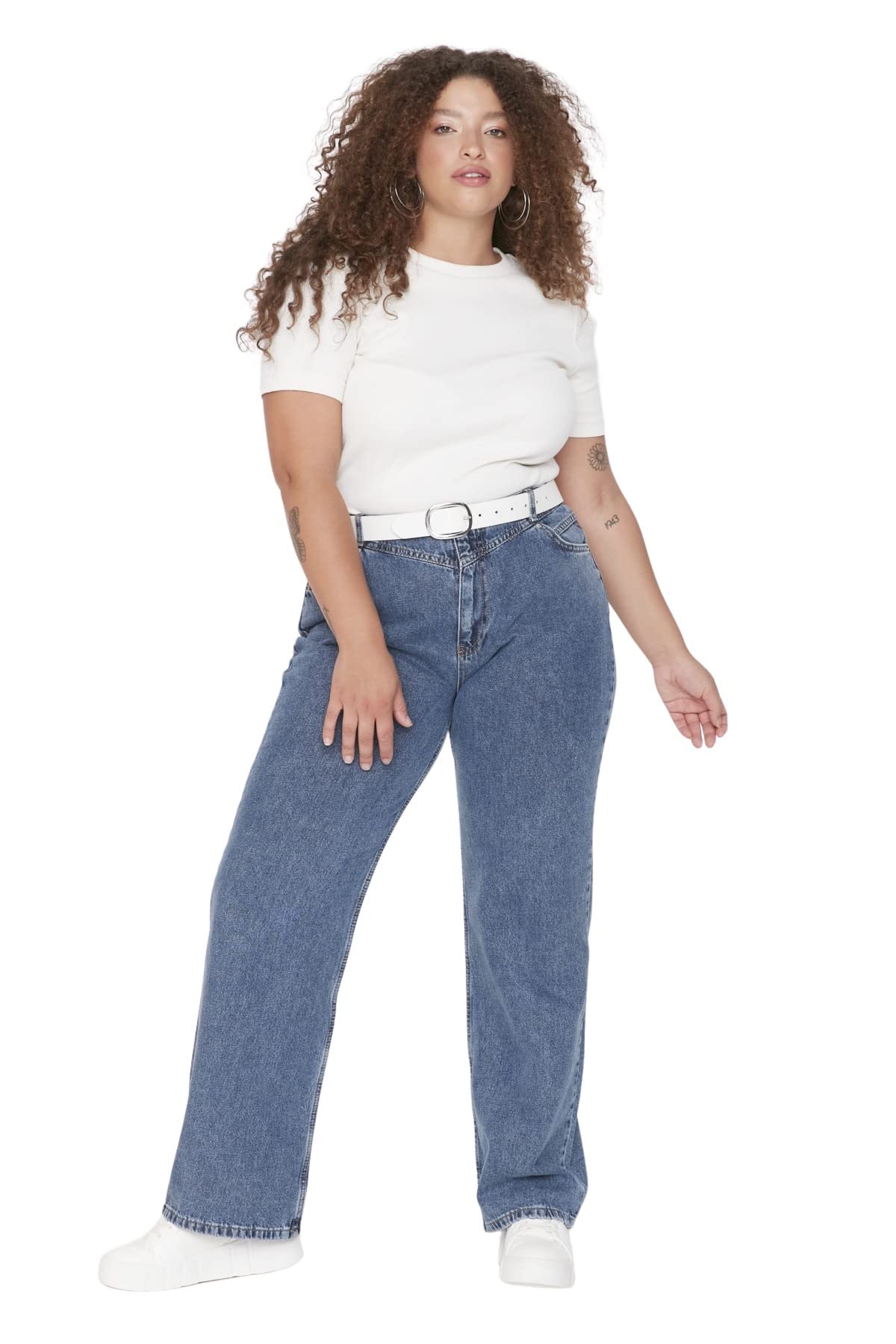 Trendyol Women Plus Size High Waist Wide Leg Plus Size Jeans Dark Blue