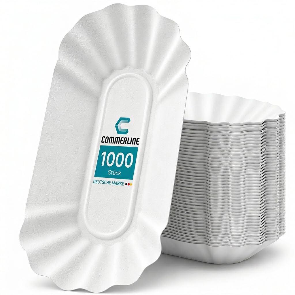 Commerline 1000 Stück Pappteller Pappschalen Pommes Schalen (20 x 10 x 3 cm) | Teller aus Papier | Currywurst Einwegteller Partygeschirr Einweg Papierteller | Partyteller Pappgeschirr
