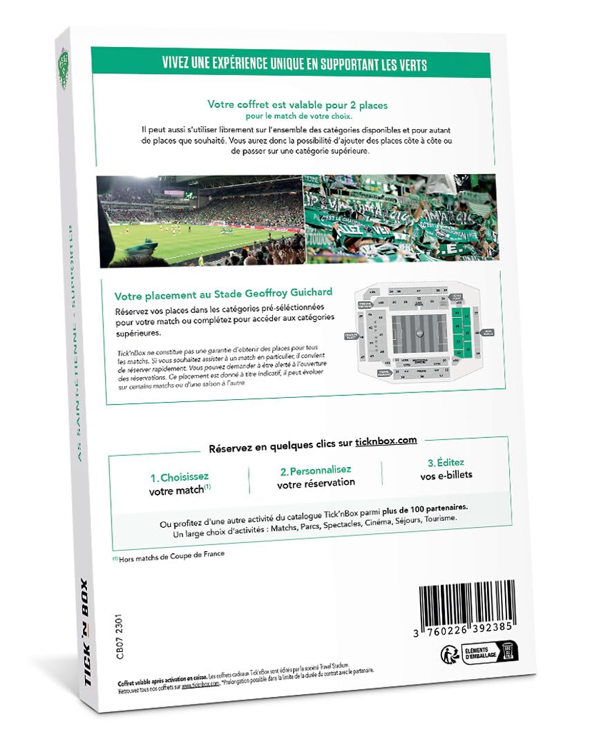 Wonderbox Connect Coffret Cadeau AS Saint-Etienne Supporter 2 places 1 match au choix 17 matchs par an valable tous les matchs à domicile Validité 27 mois