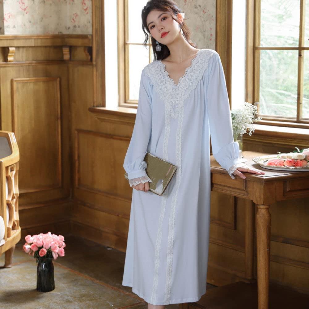 Nachthemd,Damen Nachthemden Vintage Hellblaue Baumwolle V-Ausschnitt Spitzenstreifen Elegantes Schlafhemd Weiche Bequeme Lange Ärmel Nachthemd Nachtwäsche Loungewear Für Damen Mädchen Pyjama Par