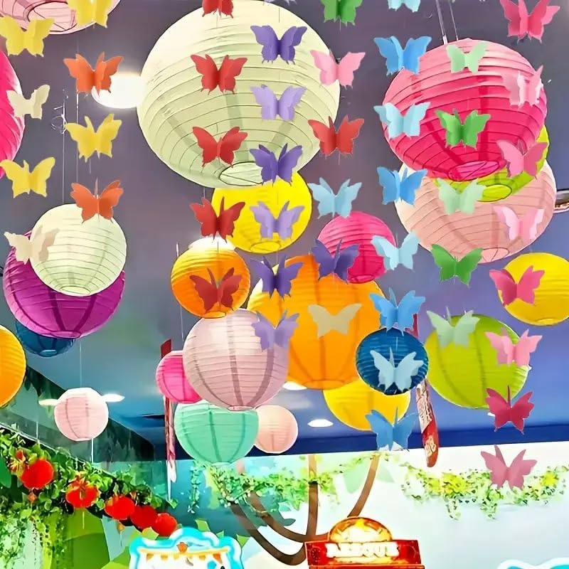 Image of Wanna Party 7 Pcs Colorful Paper Lanterns with 3D Butterflies - Hanging Decoration Set for Birthday, Baby Shower, Valentine's Day, Wedding & Party Celebrations