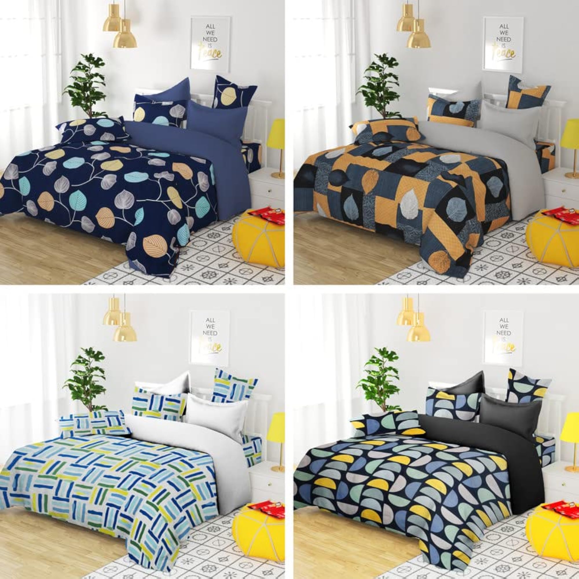 COLLECTION Prime Combo Pack of 4 Single Bedsheets, 4 Pillow Covers