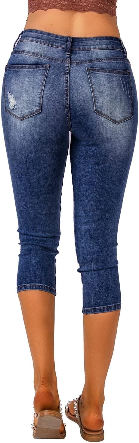 Vetinee Women's High Waisted Casual Ripped Skinny Slim Fit Stretch Denim Capri Jeans - Image 2