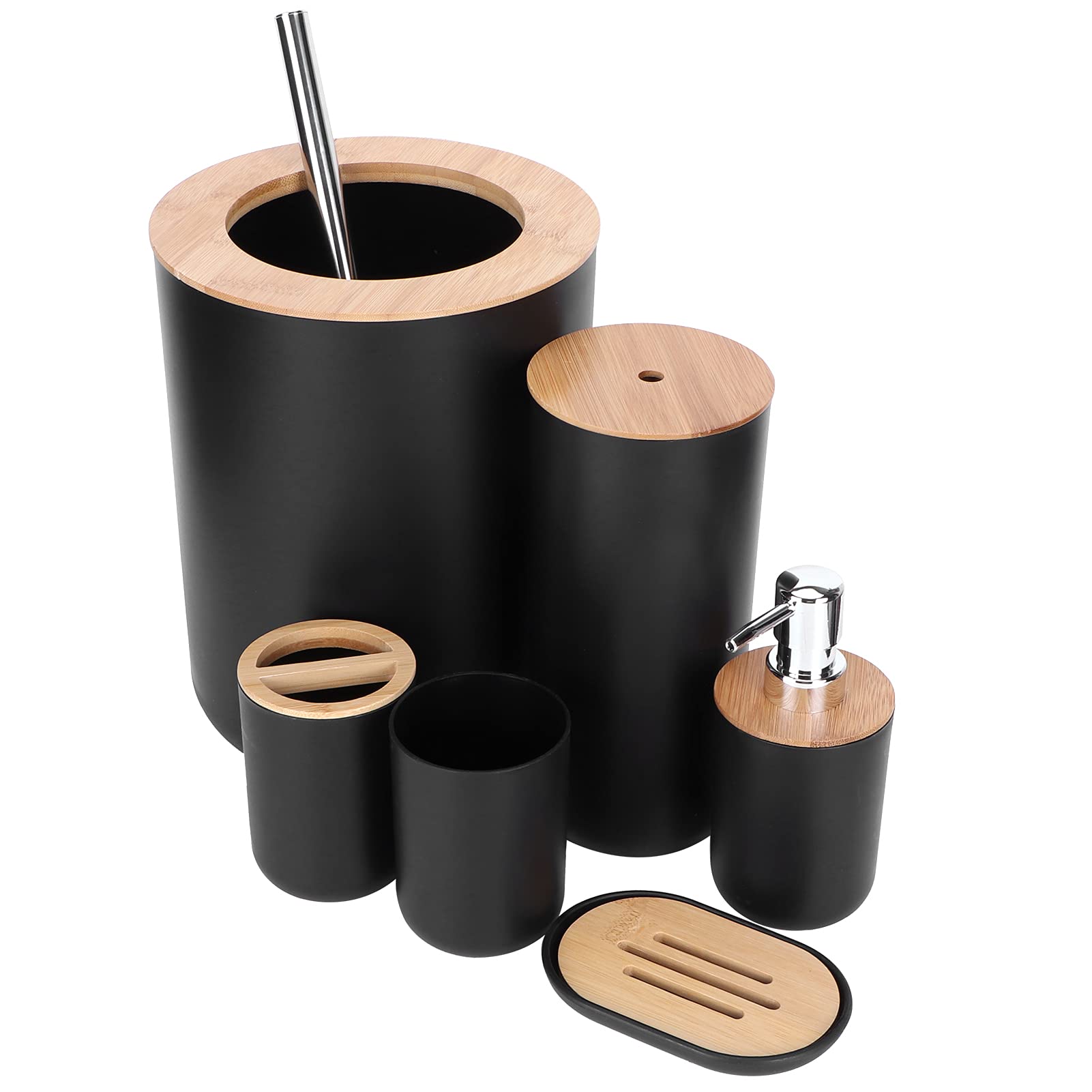 Juego de accesorios de baño de bambú, kit de limpieza de 6 piezas, soporte para cepillo de dientes, dispensador de jabón, jabonera, taza, cepillo de inodoro para decoración elegante del hogar