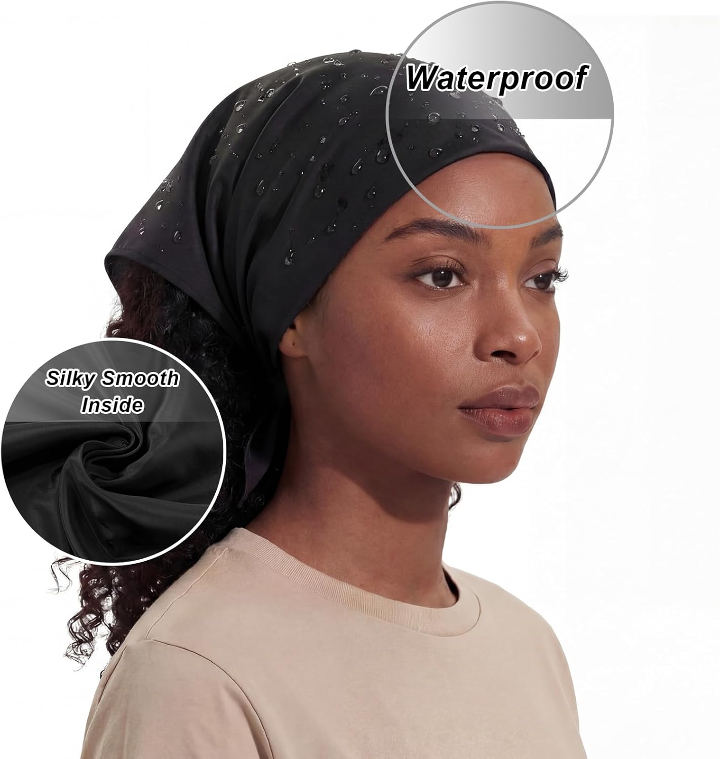 Cuffbow 2 Pcs Satin Lined Bandana Waterproof Head Scarf Non-Slip Hair Scarf Large Triangle Waterproof Rain Headband for Women Black - Image 3