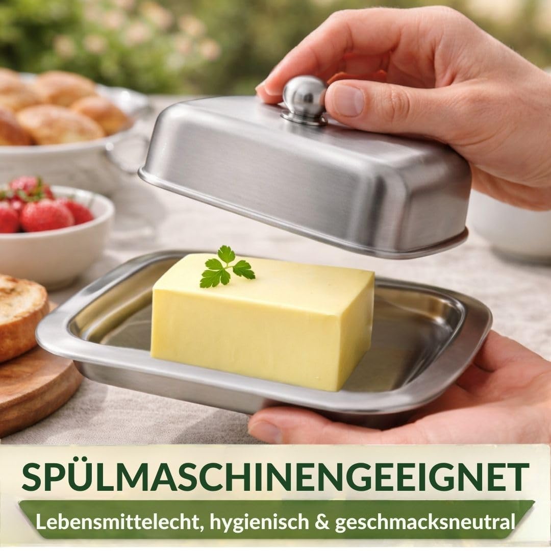 Burriera in acciaio inox con coperchio opaco, lavabile in lavastoviglie, per cucina, colazione, frigorifero, contenitore per burro e margarina