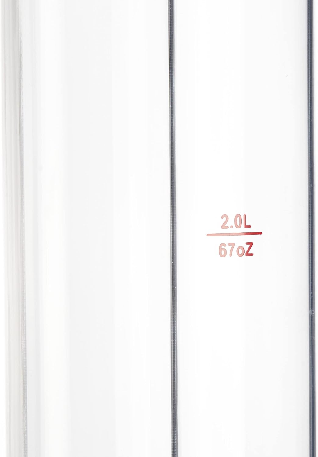 Close-up of the transparent dispenser column showing volume markings in liters and ounces.
