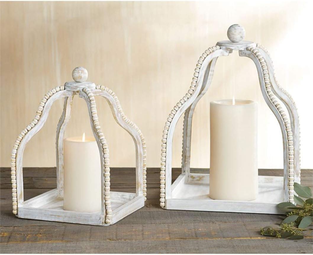 Mud Pie Wood Beaded Lantern Set, Distressed White WASH