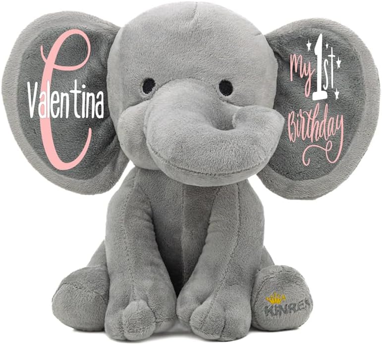 Personalized Elephant Stuffed Animal - Custom Birth Stats Announcement Stuff Elephants Animals for Babies, Baby Shower, Boy, Girl, Newborn, Customized Keepsake Plush Bear Gifts, Pink 9 Inches